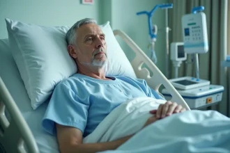 Patient homme alité en chambre d'hôpital après une fracture du bassin suite à un accident de la route