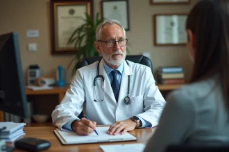 Médecin prescrivant une analyse de sang à un patient dans un cabinet médical réaliste