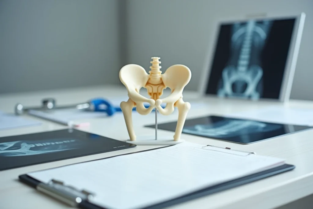 Modèle anatomique du bassin et radiographies du pelvis sur un bureau médical illustrant le diagnostic de fracture du bassin