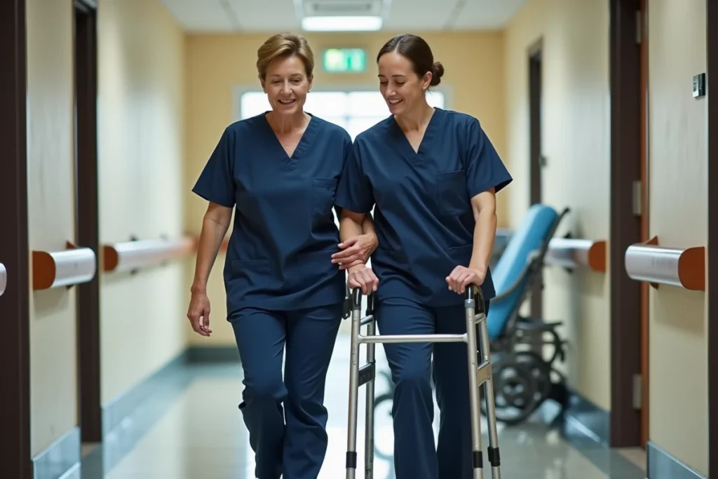Rééducation après fracture du bassin, patiente utilisant un déambulateur assistée par une kinésithérapeute en couloir hospitalier