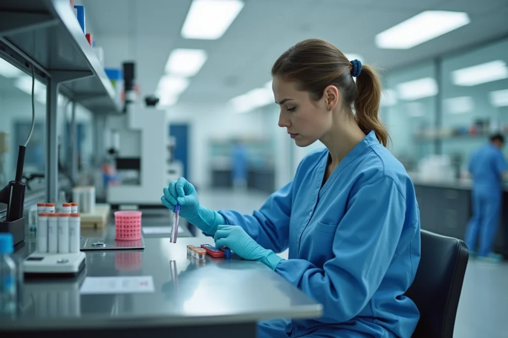 Technicienne de laboratoire préparant un tube de sang pour analyse médicale