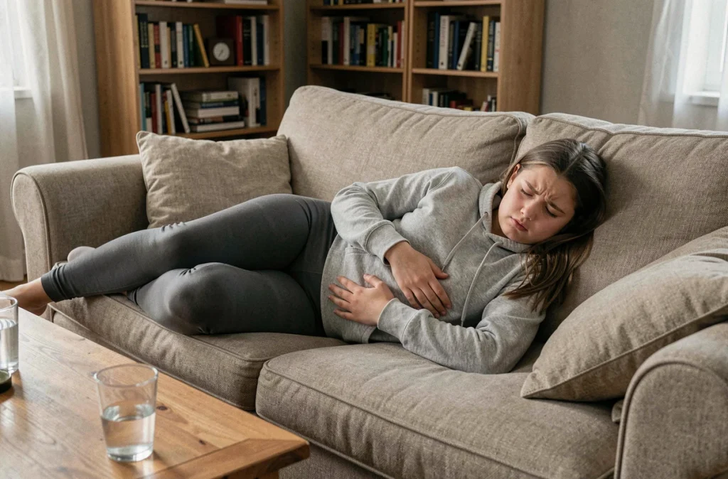 Adolescente d'environ 15 ans allongée sur un canapé avec une expression d'inconfort abdominal, illustrant les symptômes du reflux gastro-œsophagien chez les adolescents