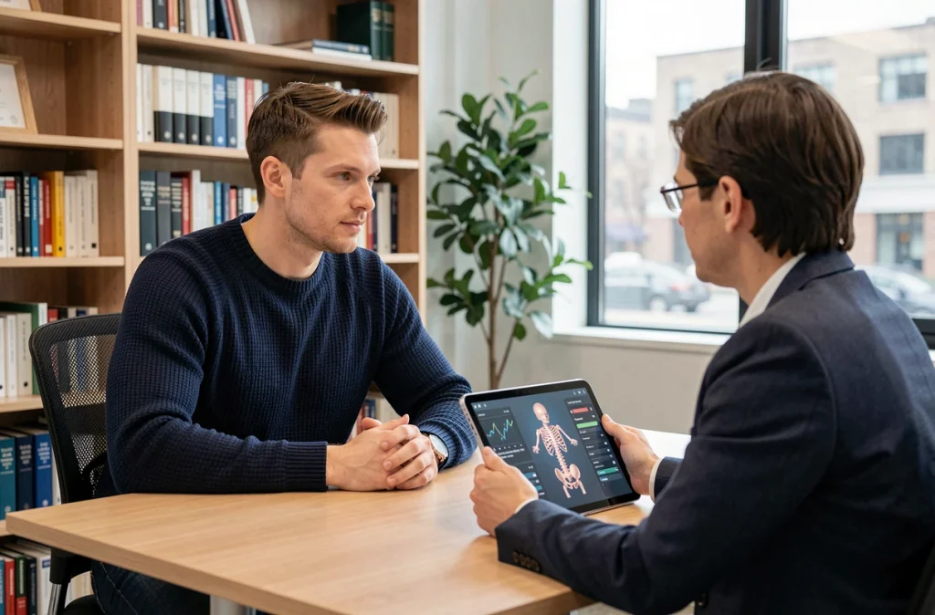Adulte atteint de nanisme consultant un conseiller en génétique avec un schéma numérique de croissance osseuse sur tablette