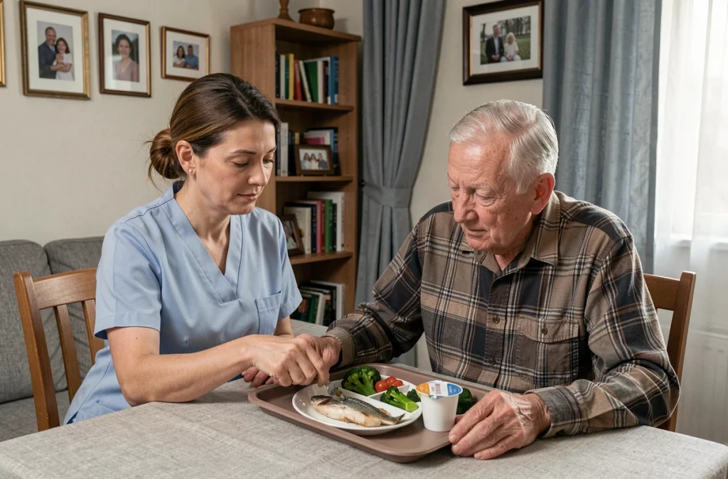 Aide à domicile accompagnant une personne âgée lors d'un repas équilibré pour lutter contre la dénutrition