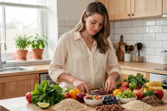 Femme enceinte préparant un repas équilibré avec des fruits, légumes et céréales complètes dans une cuisine moderne en bois