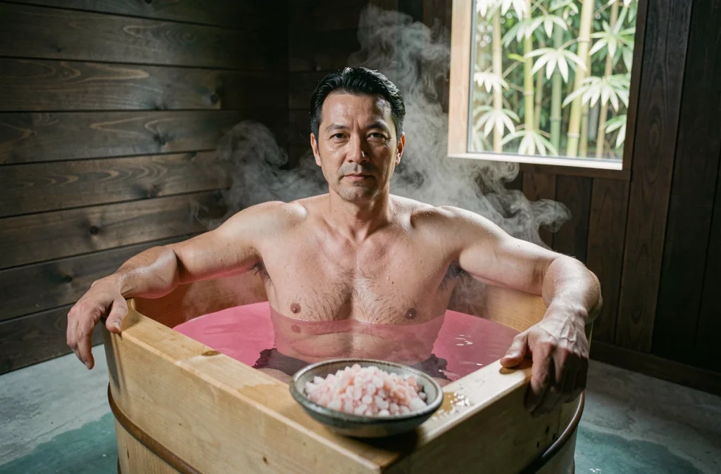 Homme profitant d'un bain relaxant au sel rose de l'Himalaya dans un bain japonais en bois hinoki