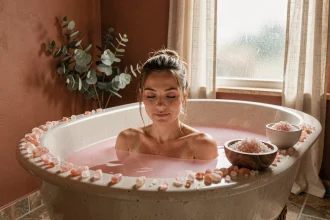 Femme se relaxant dans un bain au sel rose de l'Himalaya dans une salle de bain en pierre naturelle