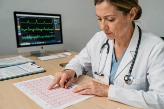 Cardiologue examinant un tracé ECG pour identifier les signes d'hypokaliémie ou d'hyperkaliémie