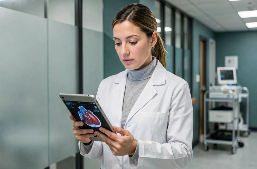 Cardiologue femme consultant des résultats d'imagerie cardiaque sur tablette dans un couloir d'hôpital