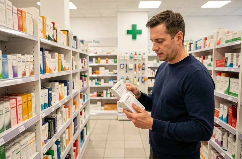 Client masculin comparant des produits de parapharmacie dans une pharmacie moderne en France
