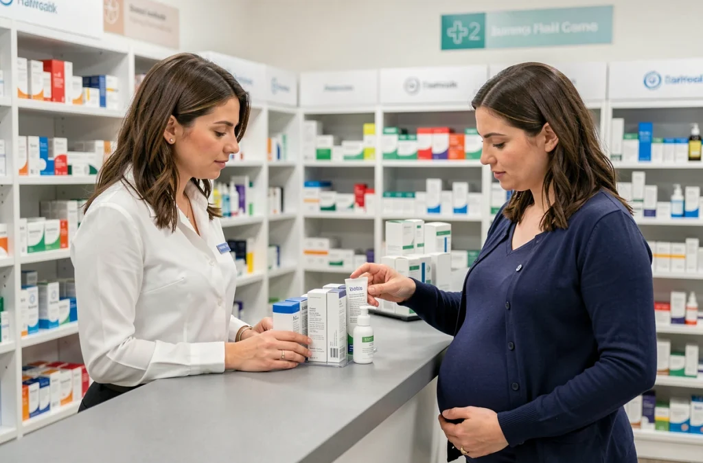Pharmacienne conseillant une femme enceinte sur les soins de la peau adaptés à la grossesse devant un comptoir de pharmacie