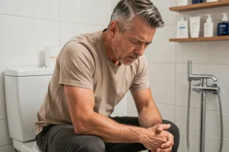 Adulte en position assise sur les toilettes exprimant une gêne digestive légère dans une salle de bain moderne