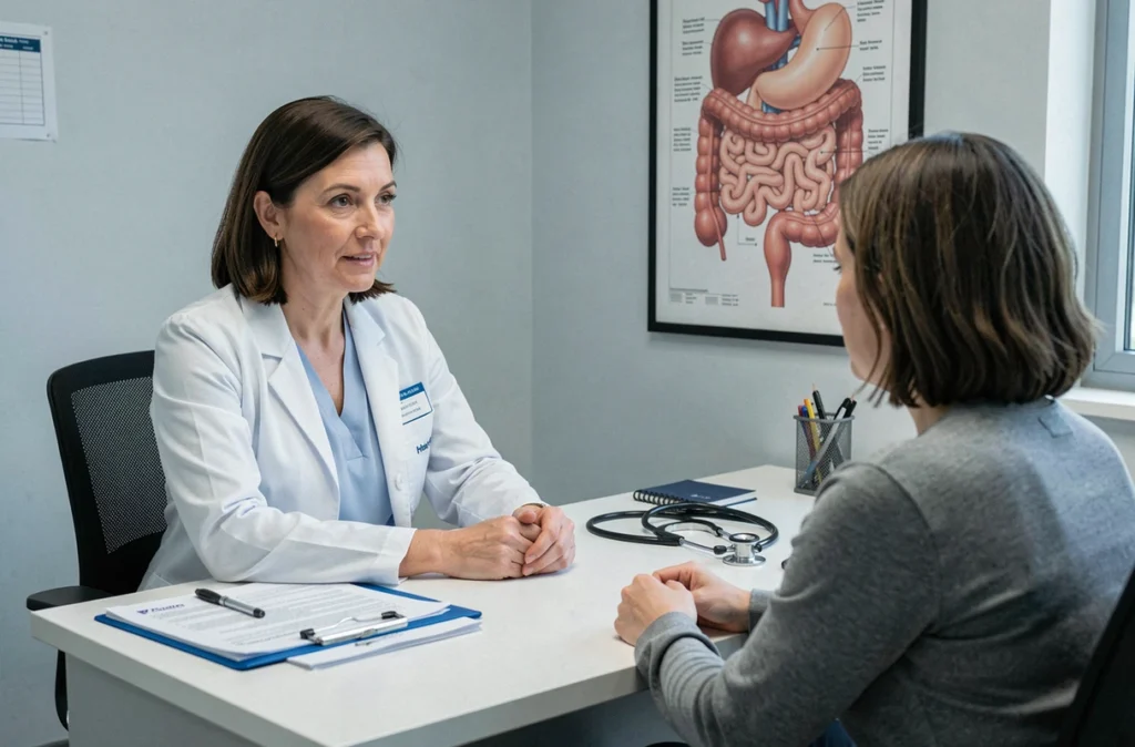 Médecin généraliste en consultation discutant de problèmes digestifs avec un patient dans un cabinet médical