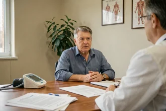 Patient d'âge moyen en consultation médicale pour hypertension artérielle, avec tensiomètre sur le bureau