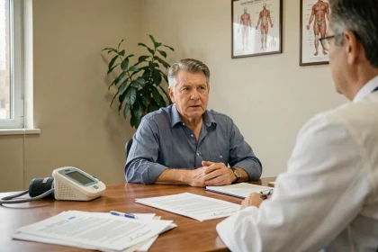 Patient d'âge moyen en consultation médicale pour hypertension artérielle, avec tensiomètre sur le bureau
