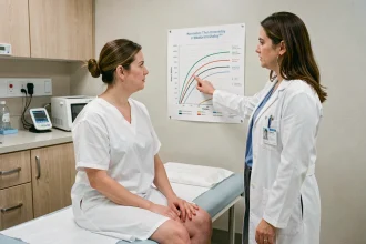 Femme adulte atteinte de nanisme en consultation médicale face à un graphique de croissance dans un cabinet d'endocrinologie pédiatrique