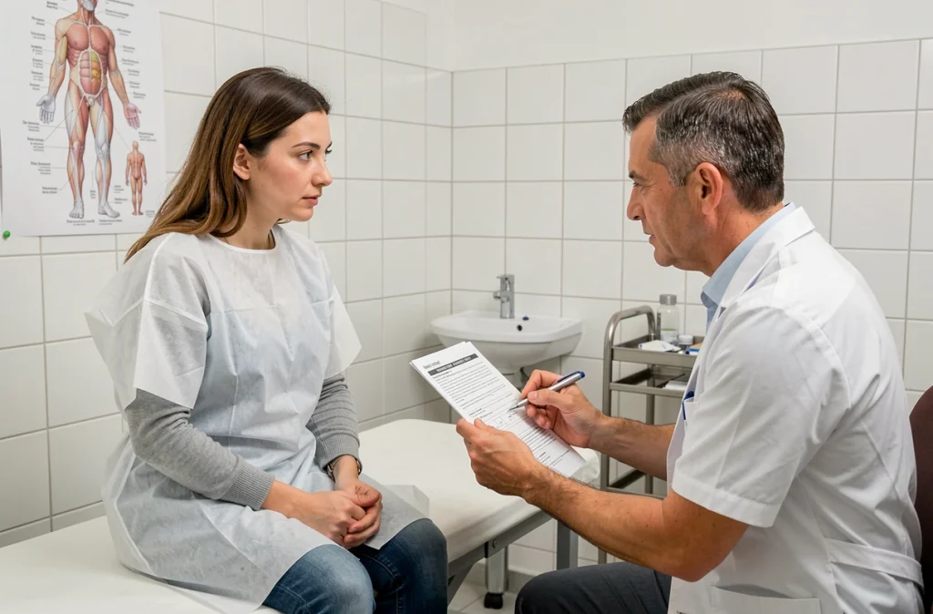 Consultation médicale entre un médecin généraliste et une patiente pour le diagnostic et les examens du zonivizectrum