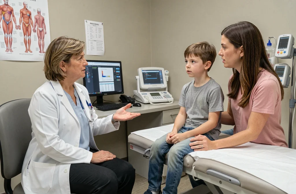 Pédiatre en consultation avec une mère et son jeune fils souffrant de reflux gastro-œsophagien, dans un cabinet médical authentique