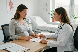 Femme enceinte en consultation prénatale avec sa gynécologue, révisant le calendrier de suivi médical de grossesse