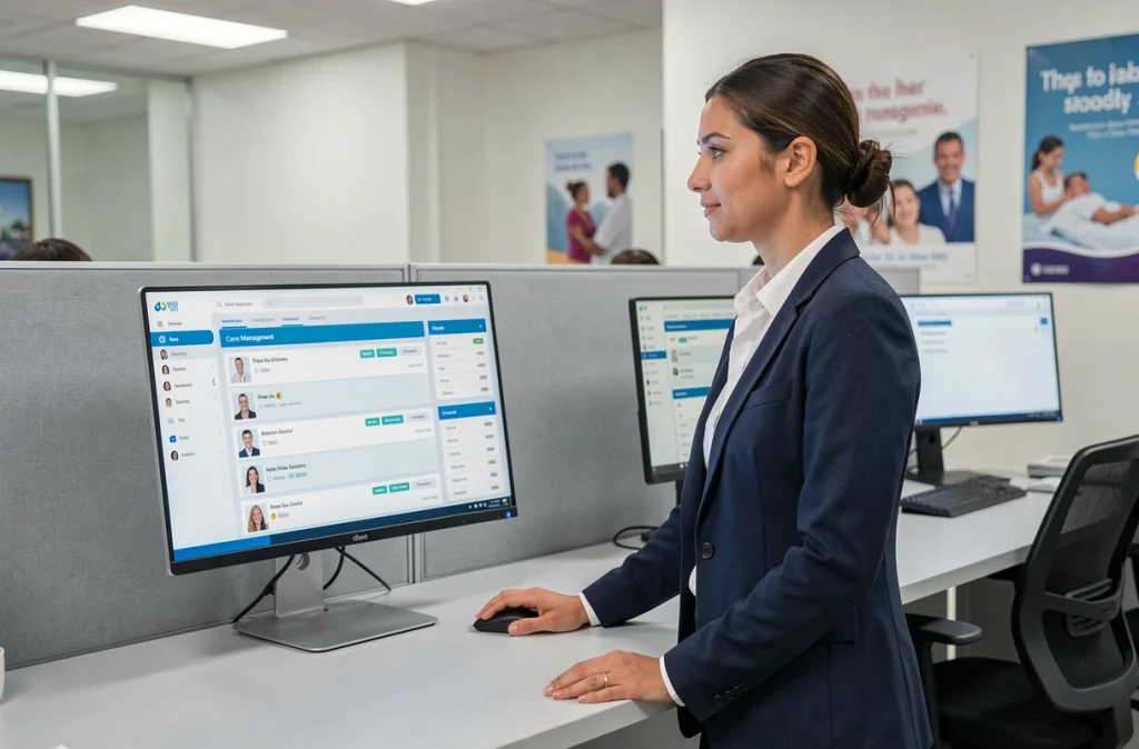 Coordinatrice de soins gérant des dossiers patients sur le portail de télégestion Medisys en bureau médical
