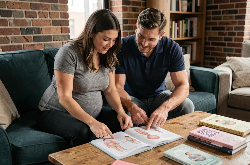 Couple de futurs parents consultant un guide illustré du développement fœtal semaine par semaine sur un canapé