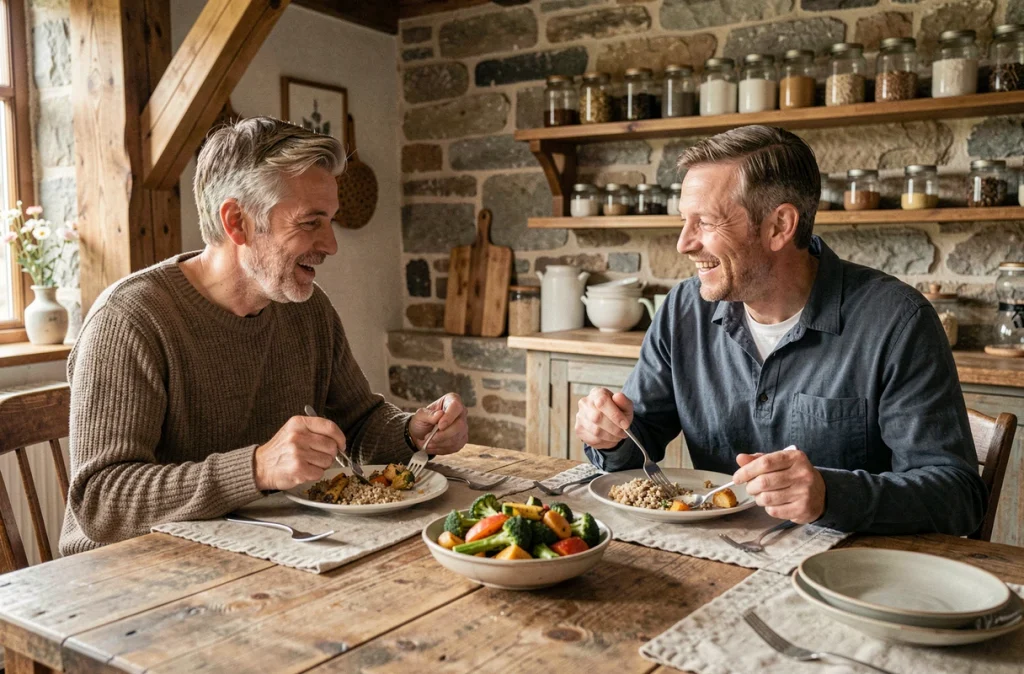 Couple partageant un repas sain en prenant leur temps à table, illustrant les bienfaits de manger lentement pour la satiété et la minceur