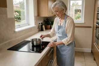 Femme âgée utilisant une plaque à induction sécurisée dans une cuisine adaptée aux seniors