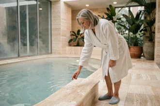 Femme en robe de bain entrant dans un bassin thermal lors d'une cure en rhumatologie dans une station thermale française