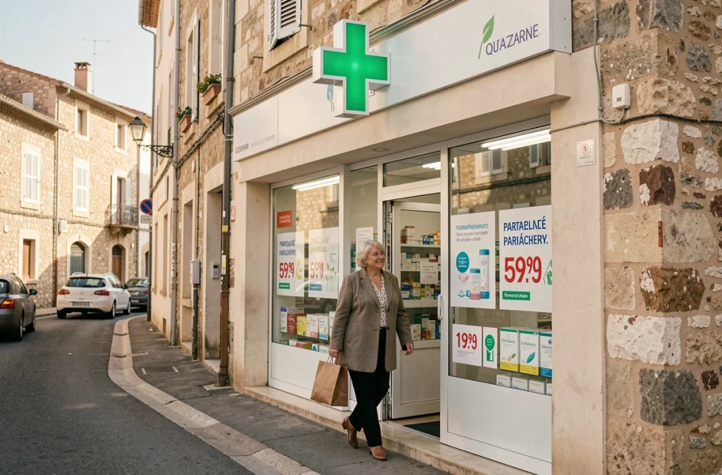 Devanture d'une pharmacie à Gardanne avec croix verte et vitrine de promotions parapharmacie