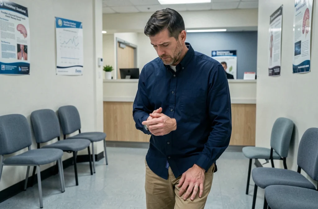 Homme anxieux dans une salle d'attente neurologique, symbolisant le parcours de diagnostic de la sclérose en plaques