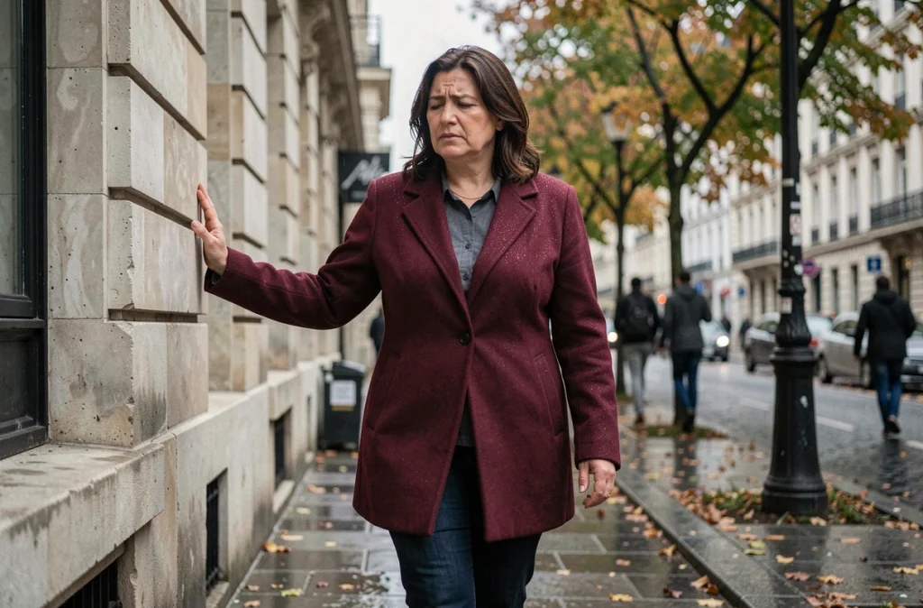 Femme s'appuyant sur un mur en marchant dans la rue, illustrant les difficultés de mobilité liées à la sclérose en plaques