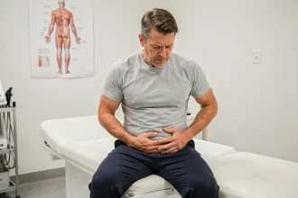 Homme d'âge moyen assis sur une table d'examen médical tenant sa main sur l'aine droite, exprimant une douleur légère dans un cabinet médical moderne