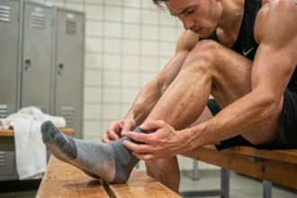 Sportif examinant la douleur sur le côté extérieur du pied gauche assis dans un vestiaire
