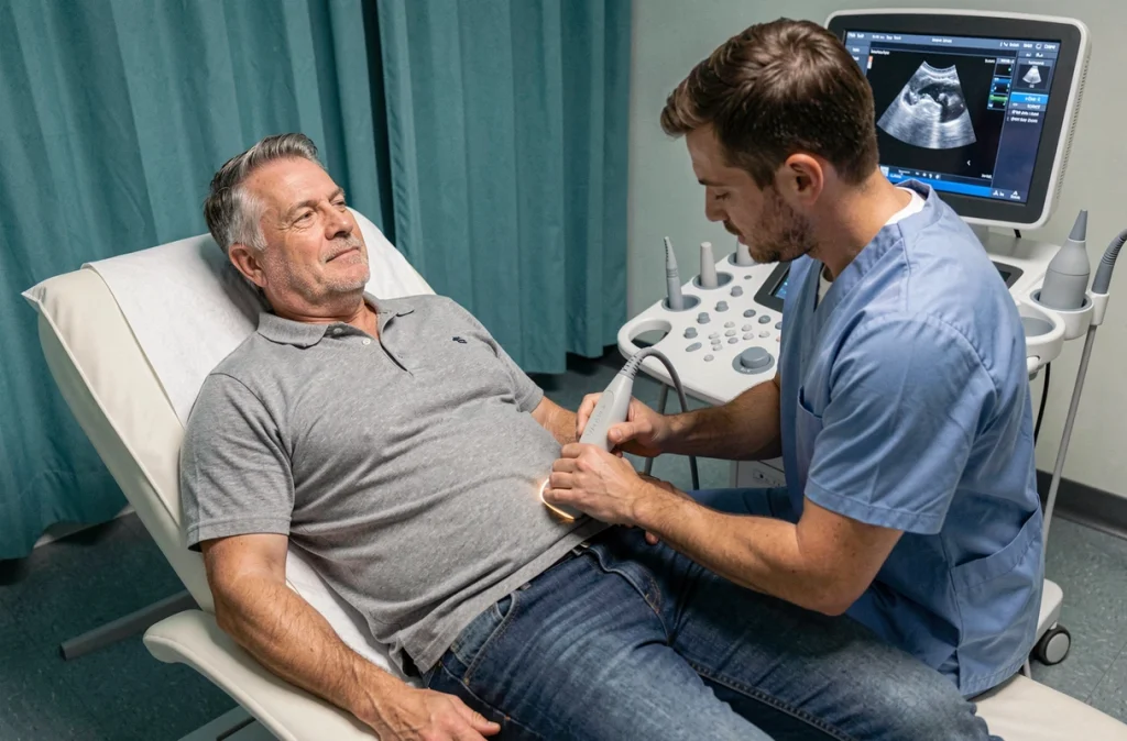 Radiologue réalisant une échographie de l'aine droite sur un patient allongé sur une table d'examen dans une salle d'imagerie médicale moderne