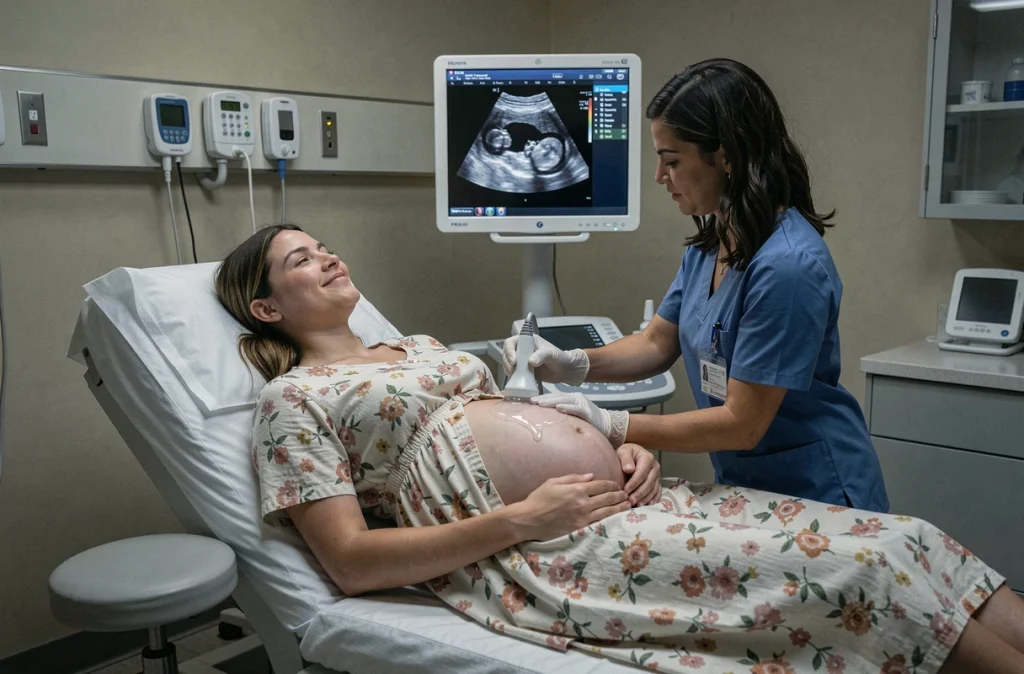 Échographie prénatale en cours, femme enceinte avec une échographiste dans une salle d'examen hospitalière