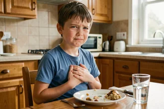 Enfant de 10 ans assis à la table de cuisine après un repas, tenant sa poitrine avec une expression d'inconfort, illustrant les symptômes du reflux gastro-œsophagien chez l'enfant