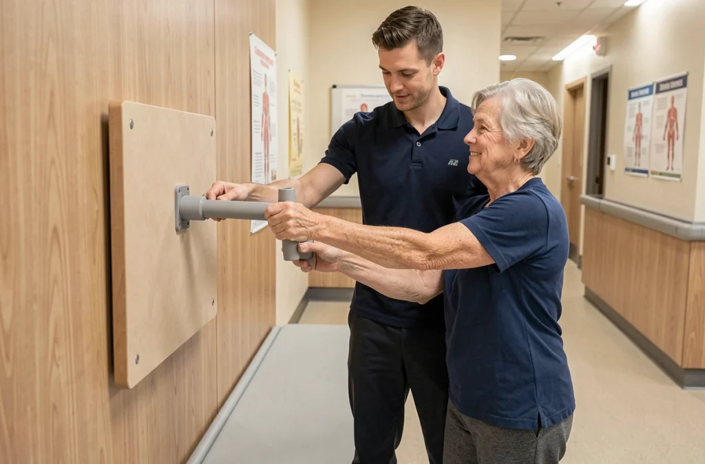 Ergothérapeute accompagnant une patiente senior dans un exercice de préhension lors d'une rééducation post-AVC en clinique ambulatoire