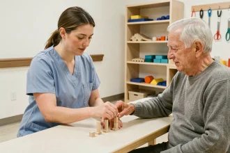 Ergothérapeute aidant un patient âgé à réaliser un exercice de motricité fine lors d'une séance de rééducation post-AVC en milieu hospitalier
