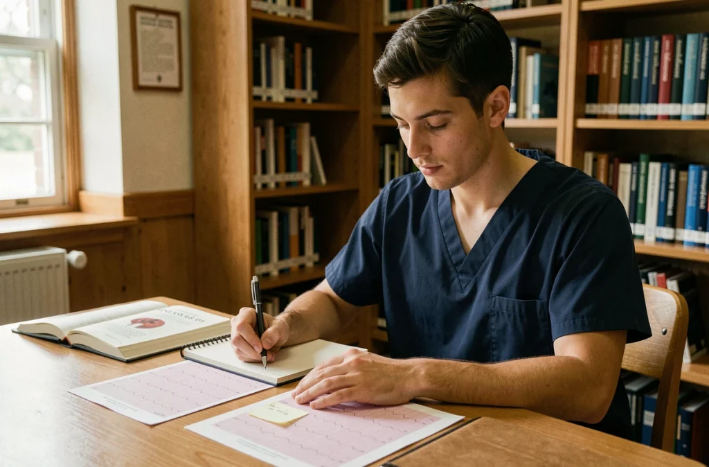Étudiant en médecine comparant des tracés ECG d'hypokaliémie et d'hyperkaliémie côte à côte