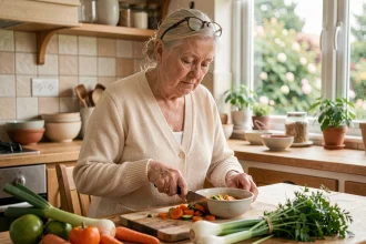 Femme âgée préparant une soupe de légumes dans sa cuisine à domicile pour prévenir la dénutrition