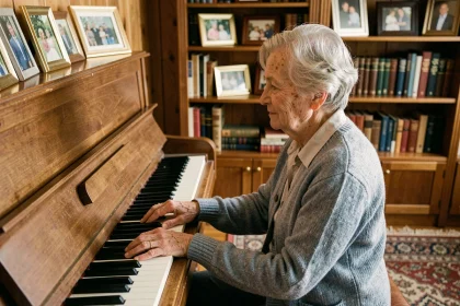 Femme âgée jouant du piano dans un salon chaleureux, illustrant les bienfaits de la musique sur la mémoire des seniors