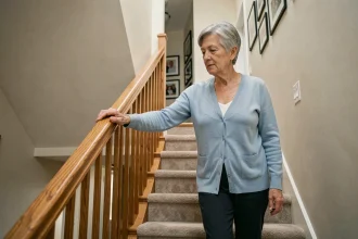 Femme âgée tenant la rampe d'escalier pour prévenir les chutes à domicile