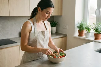 Femme préparant une salade de légumineuses colorée avec pois chiches et lentilles dans une cuisine moderne