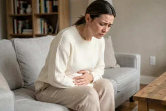 Femme assise sur un canapé tenant son bas ventre gauche avec une expression d'inconfort, illustrant les douleurs abdominales et les gaz