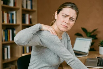 Femme assise à un bureau se tenant le haut du dos gauche avec une expression de douleur légère