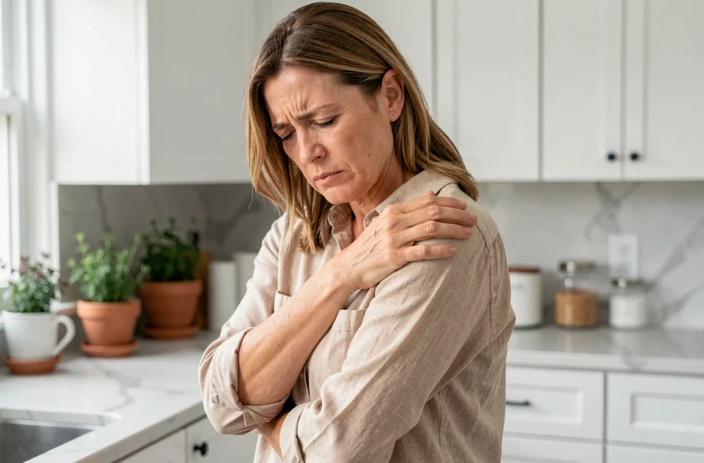 Femme d'âge moyen dans une cuisine moderne se tenant l'omoplate gauche en signe de douleur dorsale