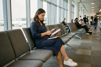 Femme enceinte assise dans un aéroport consultant ses documents de voyage et son dossier médical avant un vol