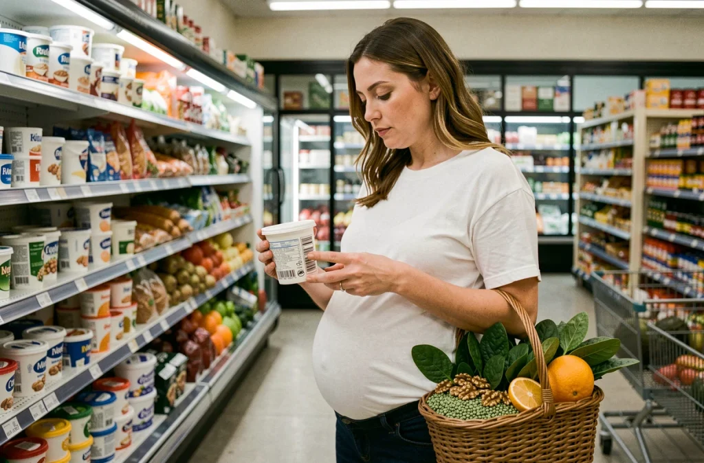 Femme enceinte faisant ses courses et lisant les étiquettes nutritionnelles dans un supermarché avec un panier de fruits et légumes frais