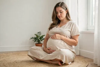 Femme enceinte au troisième trimestre assise sur le sol, tenant son ventre arrondi avec sérénité dans un salon minimaliste