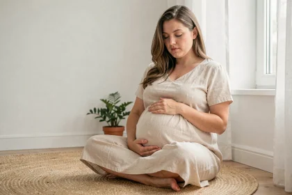 Femme enceinte au troisième trimestre assise sur le sol, tenant son ventre arrondi avec sérénité dans un salon minimaliste